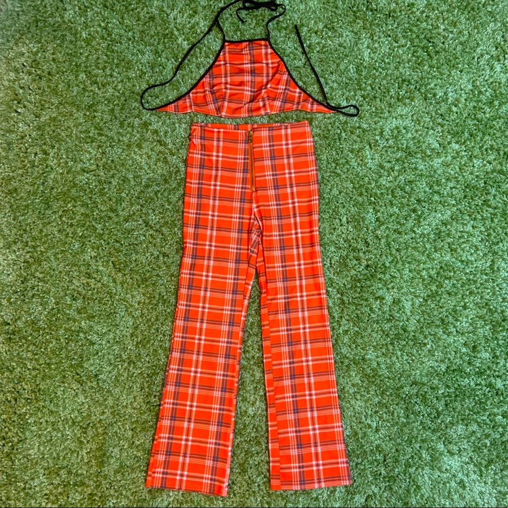 ORANGE & BROWN PLAID PANTS & HALTER SET